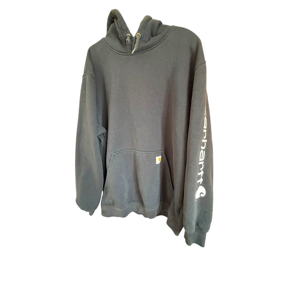 Carhartt Hoodie XL Loose Fit Navy‎ Blue Spell Out Logo Sleeve Sweatshirt - Picture 2 of 11
